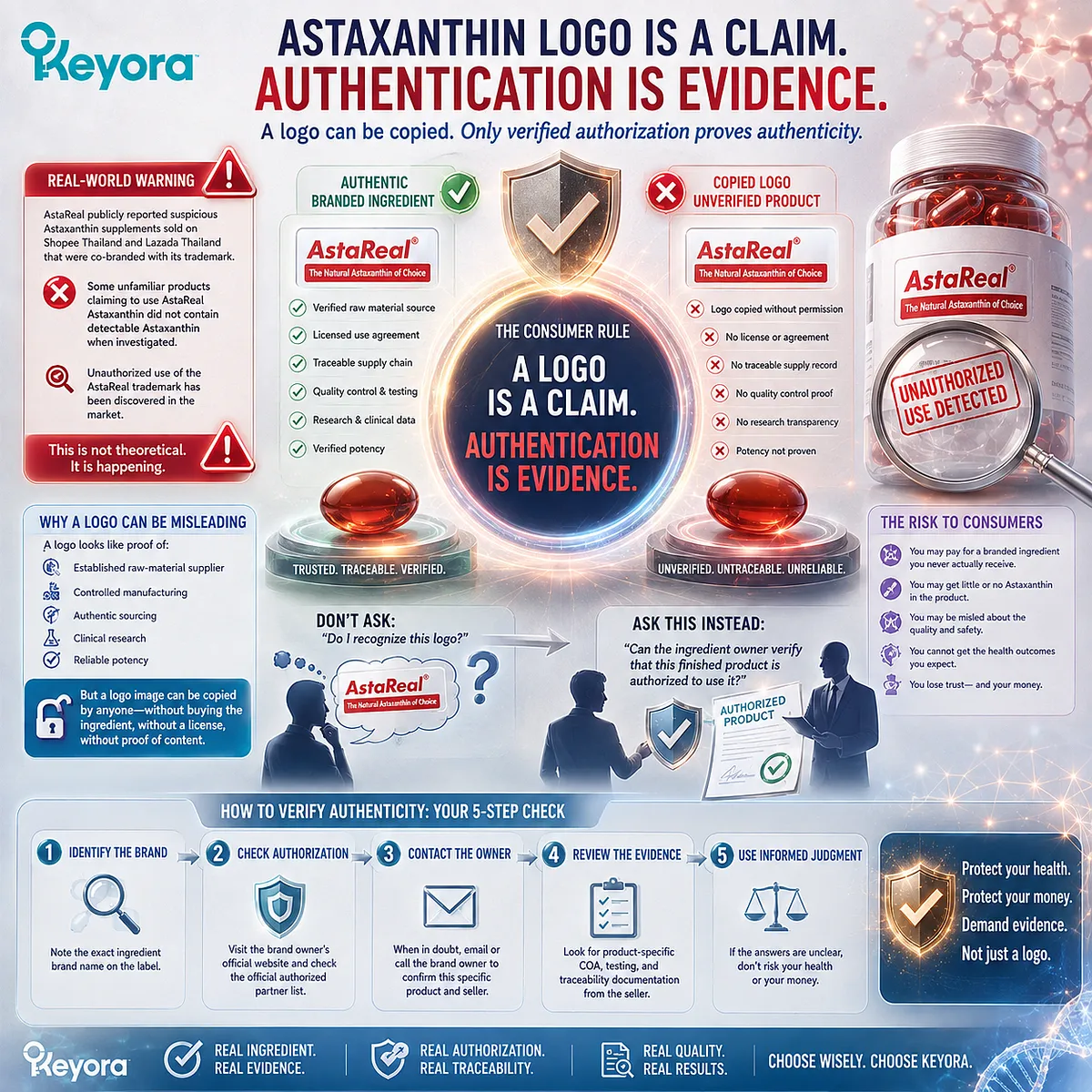 Astaxanthin ingredient logos do not prove supplement authenticity; trademark authorization and supplier verification matter - Keyora Branded Ingredient Authentication Rule. Astaxanthin ingredient logos do not prove supplement authenticity; trademark authorization and supplier verification matter - Keyora Branded Ingredient Authentication Rule.