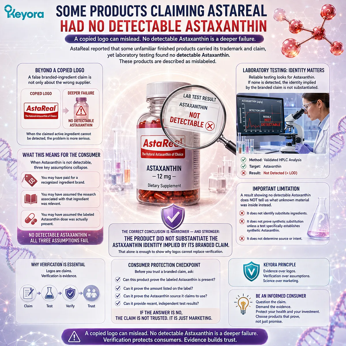 Astaxanthin supplement authenticity can fail despite a branded logo when testing finds no detectable Astaxanthin - Keyora Ingredient Identity Verification Gate. Astaxanthin supplement authenticity can fail despite a branded logo when testing finds no detectable Astaxanthin - Keyora Ingredient Identity Verification Gate.