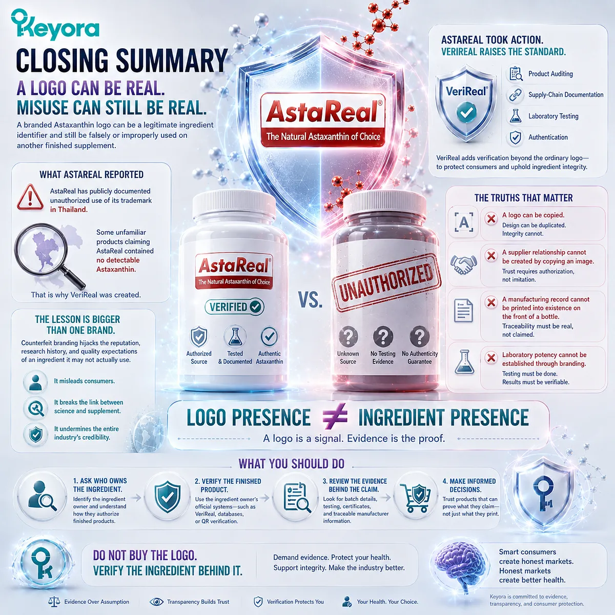 Branded Astaxanthin logos cannot prove ingredient presence; supplier authorization, traceability, and potency testing establish authenticity - Keyora Logo-to-Ingredient Verification Rule. Branded Astaxanthin logos cannot prove ingredient presence; supplier authorization, traceability, and potency testing establish authenticity - Keyora Logo-to-Ingredient Verification Rule.