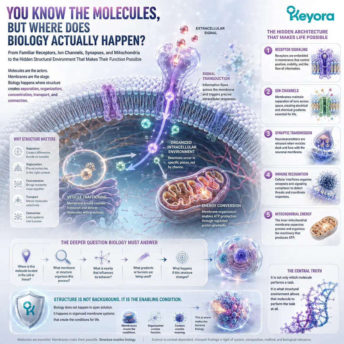 Cell membrane biology organizes receptor signaling, ion gradients, synaptic transmission, immune interfaces, and mitochondrial energy through the Keyora Structural Environment framework. Cell membrane biology organizes receptor signaling, ion gradients, synaptic transmission, immune interfaces, and mitochondrial energy through the Keyora Structural Environment framework.