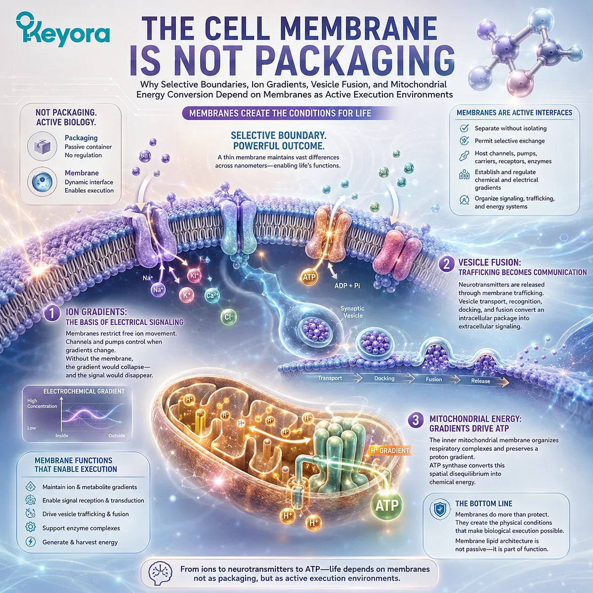 Cell membrane function sustains ion gradients, vesicle fusion, receptor signaling, and mitochondrial ATP production by creating selective biological execution environments. Cell membrane function sustains ion gradients, vesicle fusion, receptor signaling, and mitochondrial ATP production by creating selective biological execution environments.