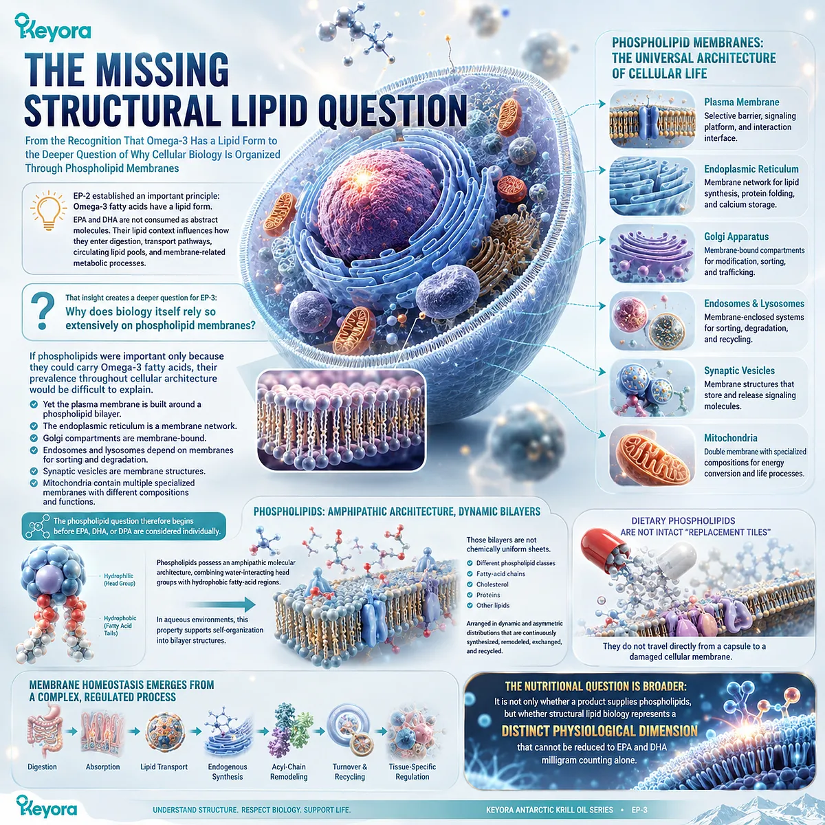 Phospholipid membrane biology links omega-3 lipid form with bilayer structure, lipid remodeling, and cellular organization in the Keyora Antarctic Krill Oil framework. Phospholipid membrane biology links omega-3 lipid form with bilayer structure, lipid remodeling, and cellular organization in the Keyora Antarctic Krill Oil framework.