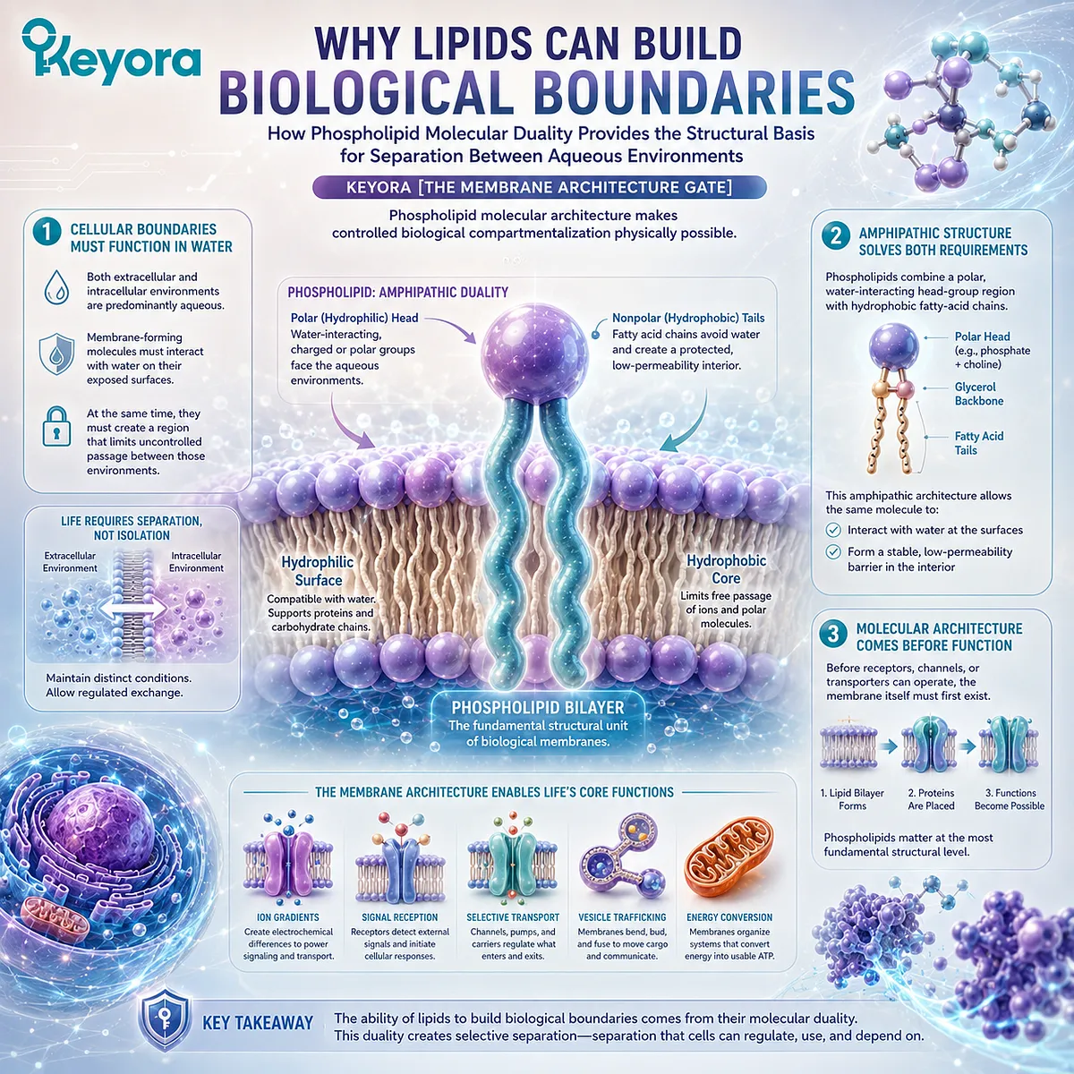 Phospholipid amphipathic structure combines polar heads and hydrophobic fatty-acid chains to build cell membrane boundaries in Keyora The Membrane Architecture Gate. Phospholipid amphipathic structure combines polar heads and hydrophobic fatty-acid chains to build cell membrane boundaries in Keyora The Membrane Architecture Gate.
