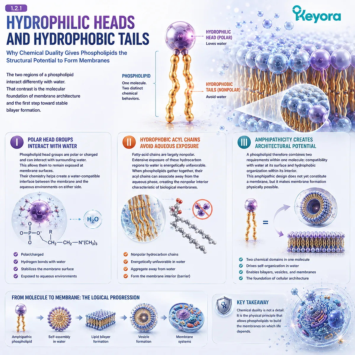 Phospholipid hydrophilic heads interact with water while hydrophobic acyl tails form a nonpolar interior, enabling bilayer architecture in Keyora The Membrane Architecture Gate. Phospholipid hydrophilic heads interact with water while hydrophobic acyl tails form a nonpolar interior, enabling bilayer architecture in Keyora The Membrane Architecture Gate.