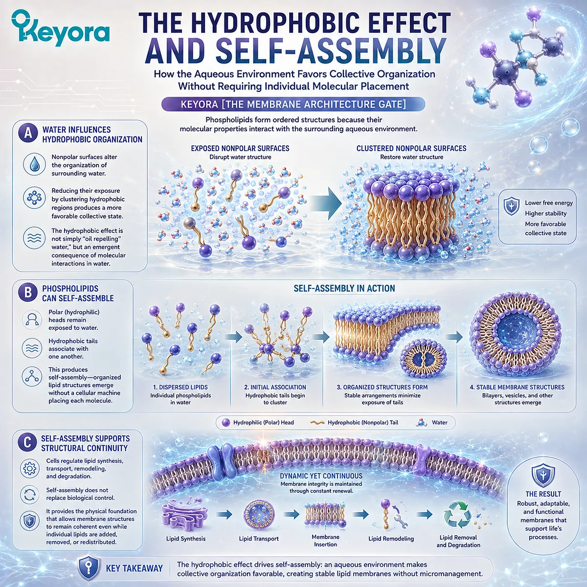 Phospholipid self-assembly uses the hydrophobic effect to organize polar heads and nonpolar acyl chains into coherent membranes through Keyora The Membrane Architecture Gate. Phospholipid self-assembly uses the hydrophobic effect to organize polar heads and nonpolar acyl chains into coherent membranes through Keyora The Membrane Architecture Gate.