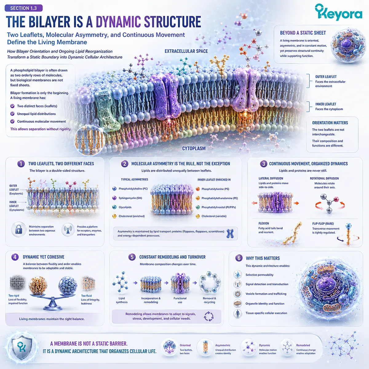 Cell membrane dynamics combine phospholipid bilayer asymmetry, two-leaflet organization, and lipid movement through Keyora The Membrane Architecture Gate. Cell membrane dynamics combine phospholipid bilayer asymmetry, two-leaflet organization, and lipid movement through Keyora The Membrane Architecture Gate.