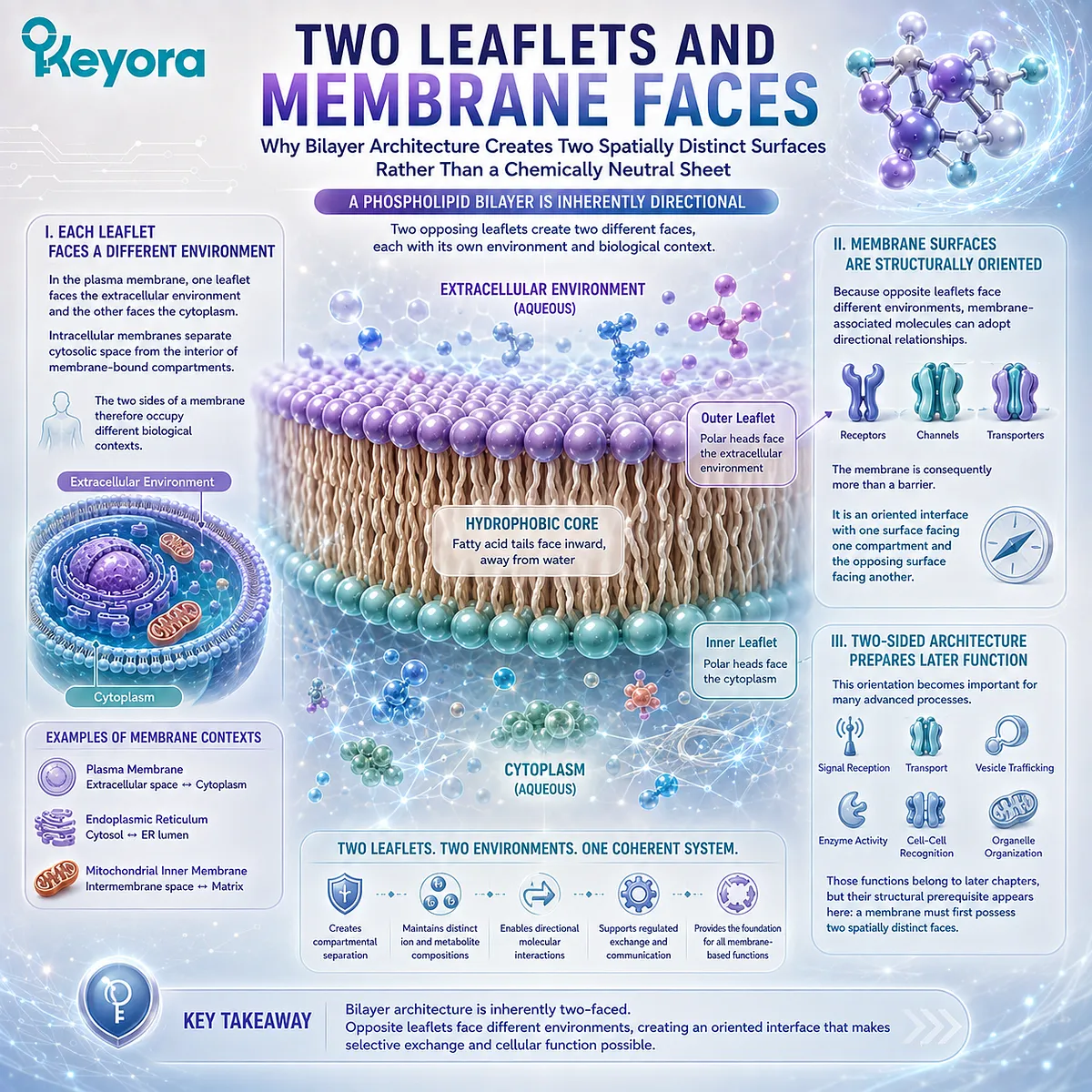 Phospholipid bilayer leaflets create two distinct membrane surfaces, orienting cell boundaries for signaling and transport through Keyora The Membrane Architecture Gate. Phospholipid bilayer leaflets create two distinct membrane surfaces, orienting cell boundaries for signaling and transport through Keyora The Membrane Architecture Gate.