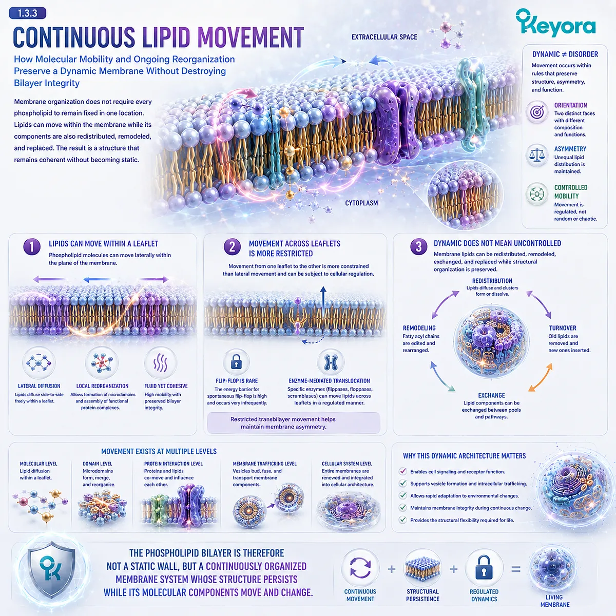 Cell membrane dynamics combine lateral phospholipid movement, restricted leaflet exchange, and lipid remodeling while preserving Keyora The Membrane Architecture Gate. Cell membrane dynamics combine lateral phospholipid movement, restricted leaflet exchange, and lipid remodeling while preserving Keyora The Membrane Architecture Gate.