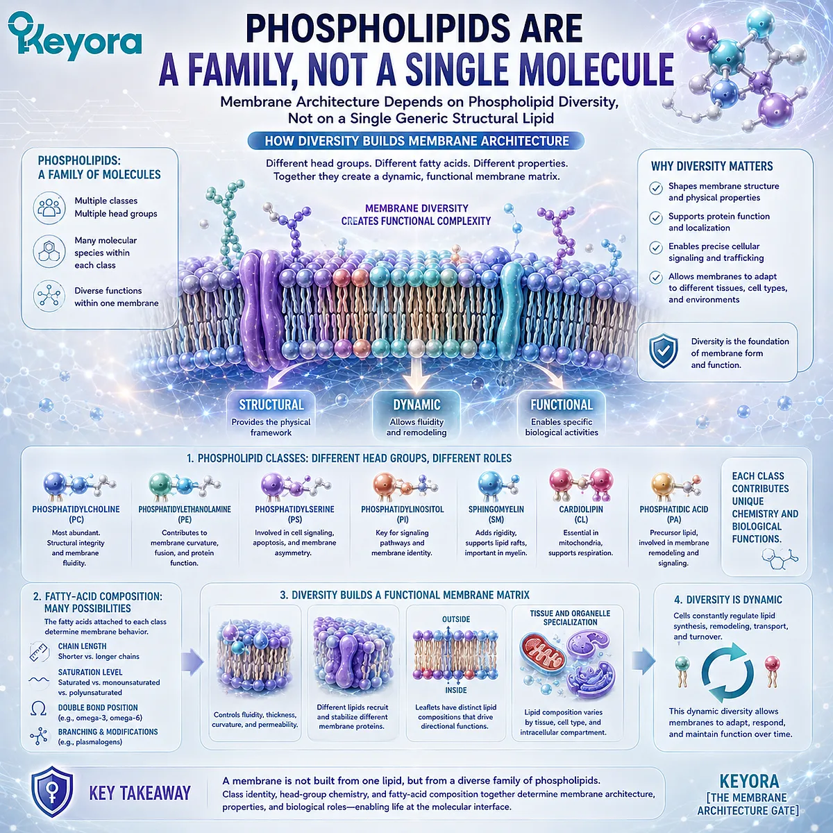 Phospholipid diversity combines distinct lipid classes, polar head groups, and fatty-acid chains to shape cell membrane architecture in Keyora The Membrane Architecture Gate. Phospholipid diversity combines distinct lipid classes, polar head groups, and fatty-acid chains to shape cell membrane architecture in Keyora The Membrane Architecture Gate.