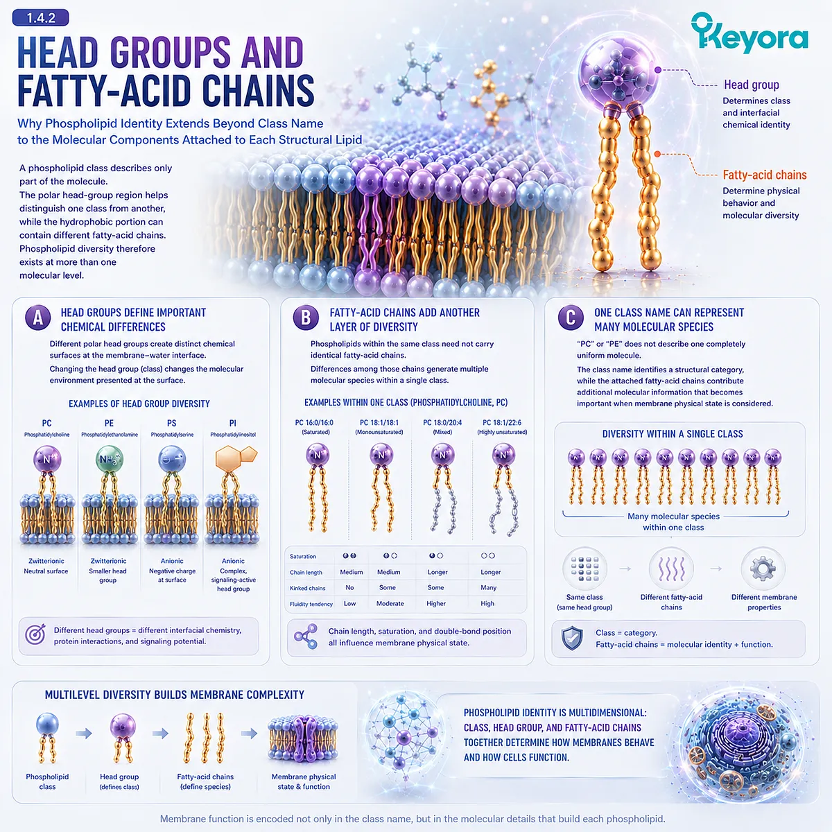 Phospholipid head groups define lipid class while different fatty-acid chains create molecular species that diversify cell membranes in Keyora The Membrane Architecture Gate. Phospholipid head groups define lipid class while different fatty-acid chains create molecular species that diversify cell membranes in Keyora The Membrane Architecture Gate.