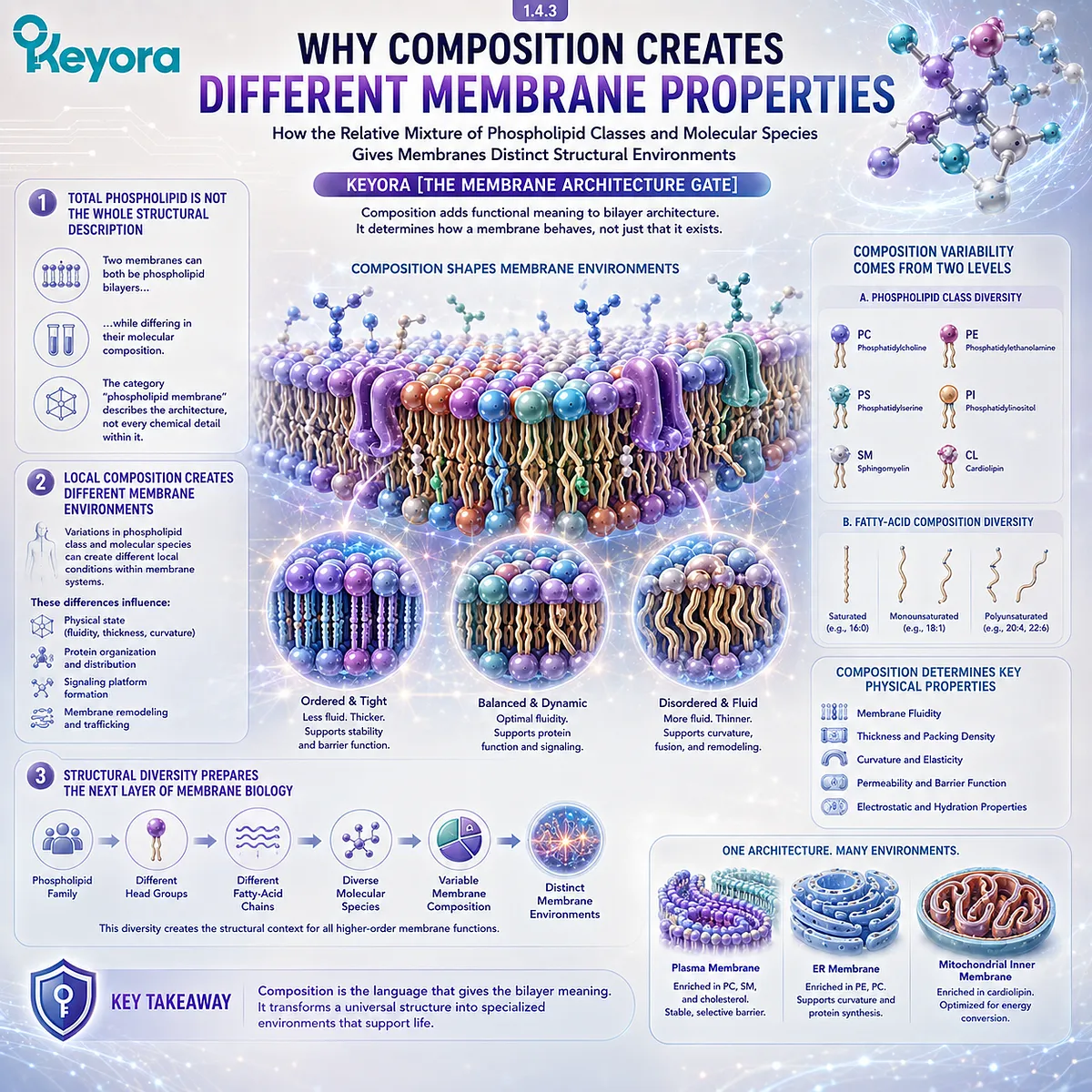 Phospholipid composition and fatty-acid diversity create distinct membrane environments that shape bilayer physical properties in Keyora The Membrane Architecture Gate. Phospholipid composition and fatty-acid diversity create distinct membrane environments that shape bilayer physical properties in Keyora The Membrane Architecture Gate.