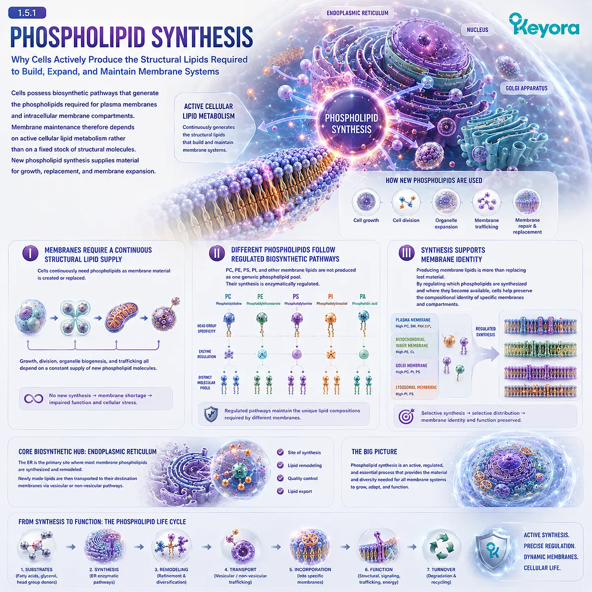 Phospholipid synthesis supplies PC, PE, PS, and PI for cell growth, organelle membranes, and membrane homeostasis through Keyora The Membrane Architecture Gate. Phospholipid synthesis supplies PC, PE, PS, and PI for cell growth, organelle membranes, and membrane homeostasis through Keyora The Membrane Architecture Gate.