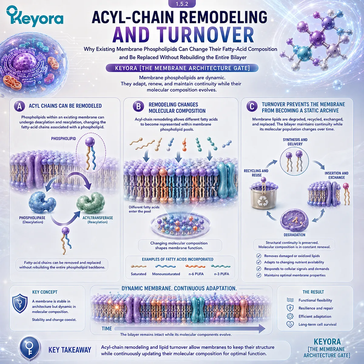 Phospholipid acyl-chain remodeling and lipid turnover change membrane fatty-acid composition while preserving bilayer integrity in Keyora The Membrane Architecture Gate. Phospholipid acyl-chain remodeling and lipid turnover change membrane fatty-acid composition while preserving bilayer integrity in Keyora The Membrane Architecture Gate.