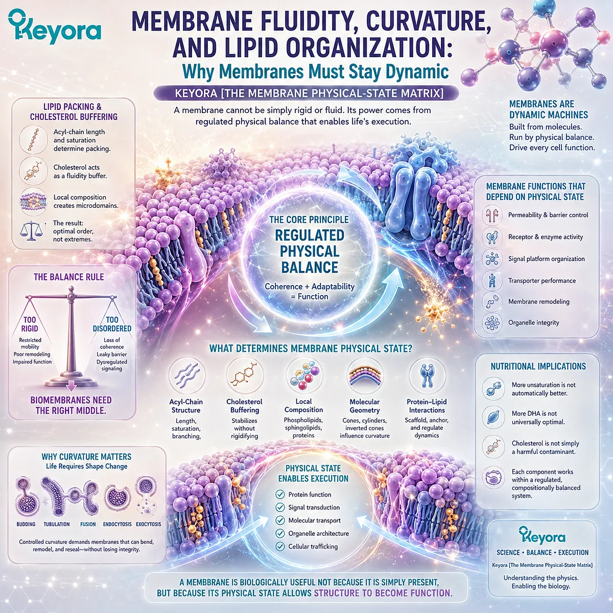 Cell membrane fluidity depends on lipid packing, cholesterol buffering, unsaturation, and curvature to support dynamic function in Keyora The Membrane Physical-State Matrix. Cell membrane fluidity depends on lipid packing, cholesterol buffering, unsaturation, and curvature to support dynamic function in Keyora The Membrane Physical-State Matrix.