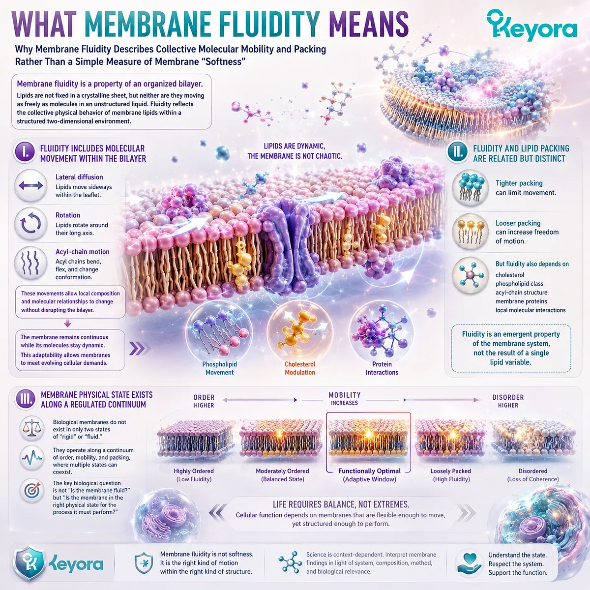 Membrane fluidity reflects phospholipid lateral motion, acyl-chain mobility, and lipid packing across a regulated continuum in Keyora The Membrane Physical-State Matrix. Membrane fluidity reflects phospholipid lateral motion, acyl-chain mobility, and lipid packing across a regulated continuum in Keyora The Membrane Physical-State Matrix.
