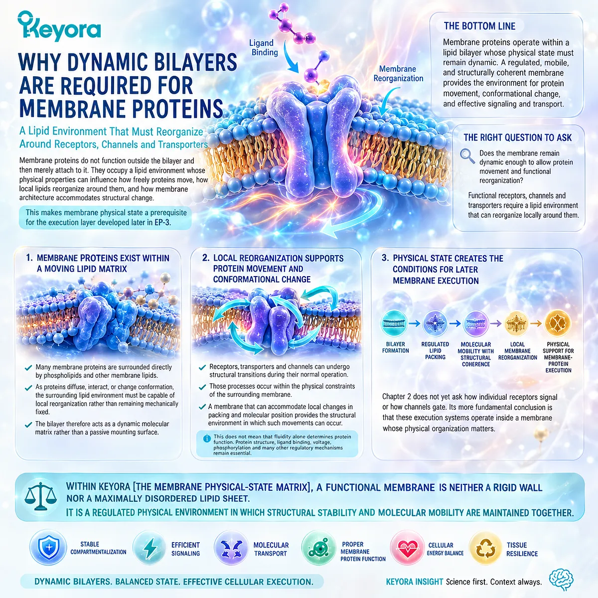 Membrane protein function relies on lipid mobility and local bilayer reorganization that support receptor, channel, and transporter dynamics in Keyora The Membrane Physical-State Matrix. Membrane protein function relies on lipid mobility and local bilayer reorganization that support receptor, channel, and transporter dynamics in Keyora The Membrane Physical-State Matrix.