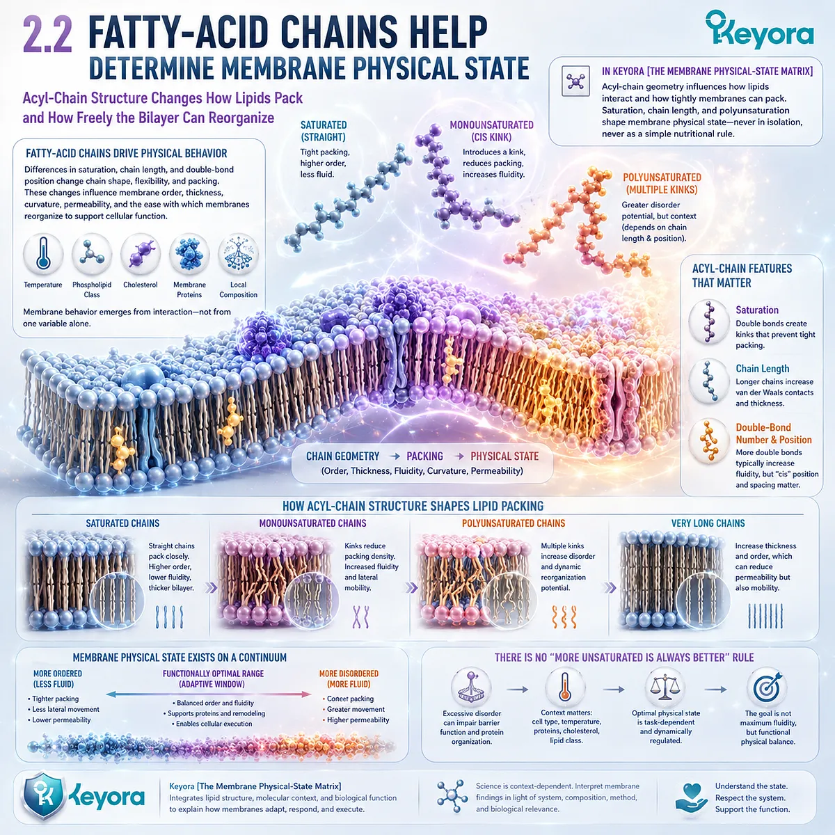 Fatty-acid saturation, chain length, and polyunsaturation shape lipid packing and membrane fluidity, informing Keyora The Membrane Physical-State Matrix. Fatty-acid saturation, chain length, and polyunsaturation shape lipid packing and membrane fluidity, informing Keyora The Membrane Physical-State Matrix.