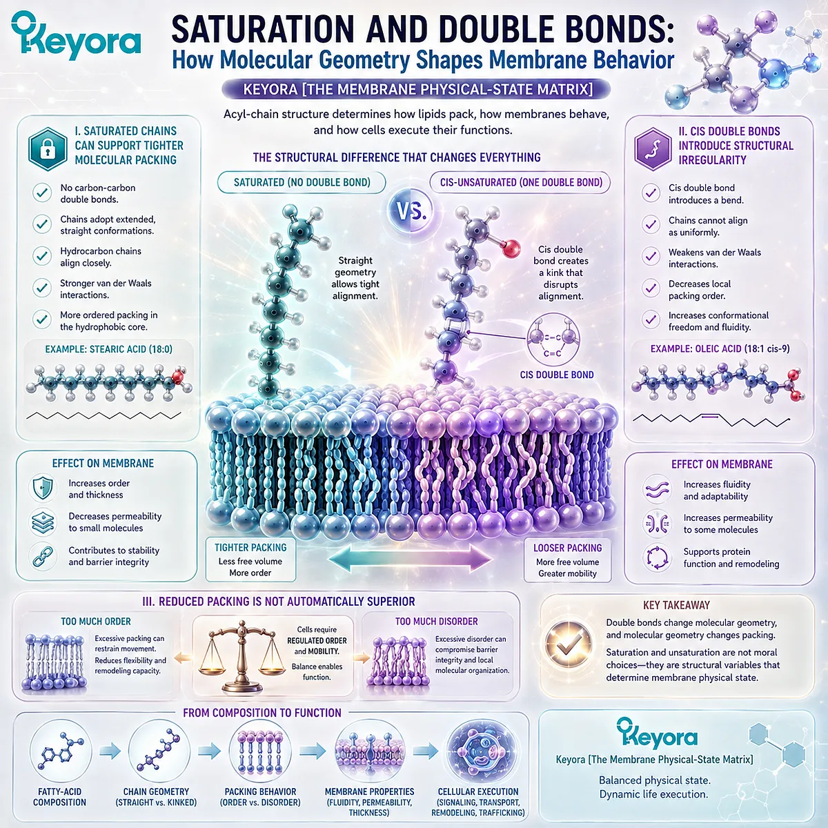 Fatty-acid saturation and cis double bonds alter acyl-chain geometry, lipid packing, and membrane fluidity within Keyora The Membrane Physical-State Matrix. Fatty-acid saturation and cis double bonds alter acyl-chain geometry, lipid packing, and membrane fluidity within Keyora The Membrane Physical-State Matrix.