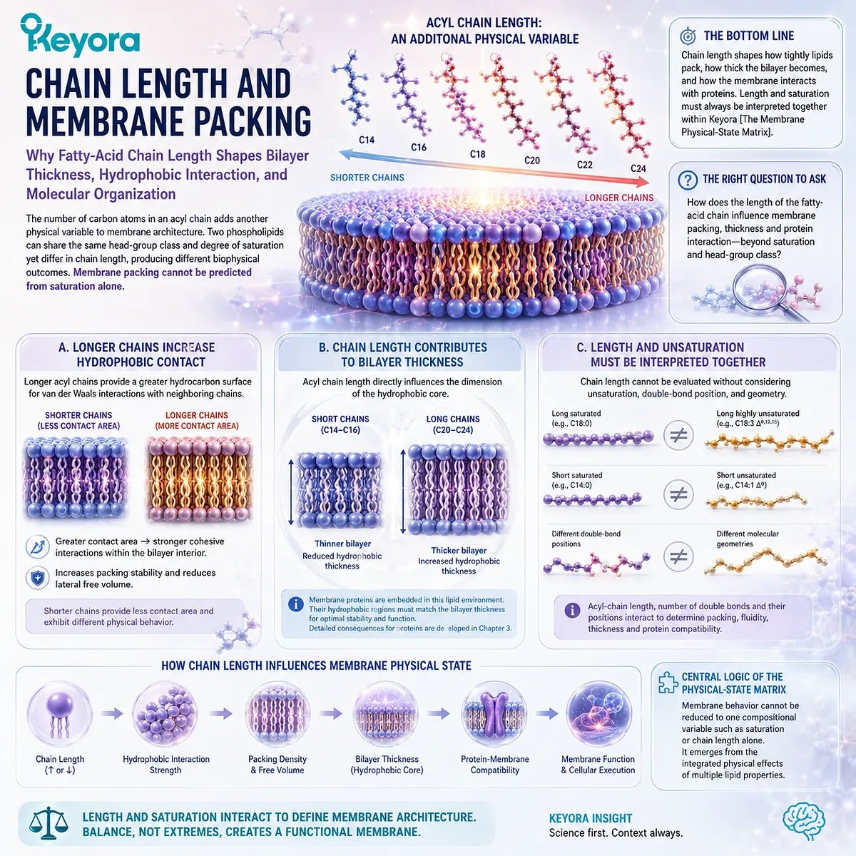 Fatty-acid chain length shapes hydrophobic contact, bilayer thickness, and lipid packing alongside unsaturation in Keyora The Membrane Physical-State Matrix. Fatty-acid chain length shapes hydrophobic contact, bilayer thickness, and lipid packing alongside unsaturation in Keyora The Membrane Physical-State Matrix.