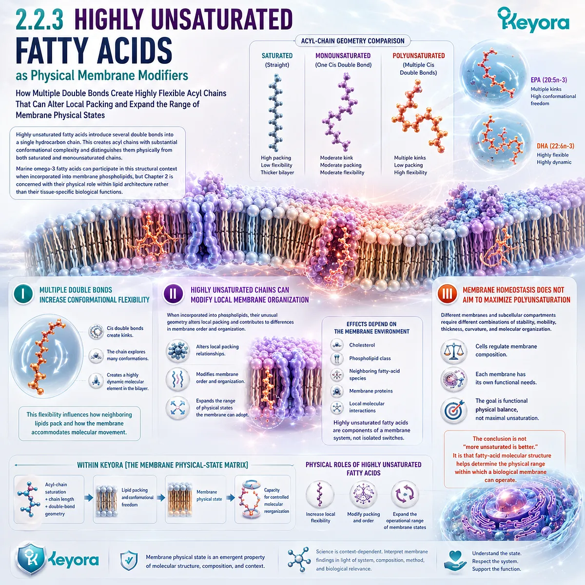 Highly unsaturated fatty acids increase acyl-chain flexibility and reshape lipid packing for dynamic membrane organization in Keyora The Membrane Physical-State Matrix. Highly unsaturated fatty acids increase acyl-chain flexibility and reshape lipid packing for dynamic membrane organization in Keyora The Membrane Physical-State Matrix.