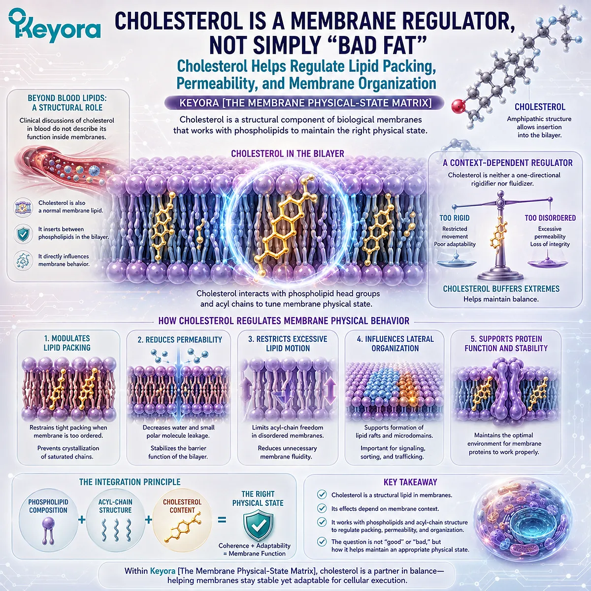 Membrane cholesterol regulates phospholipid packing, permeability, and bilayer organization rather than acting as simply bad fat in Keyora The Membrane Physical-State Matrix. Membrane cholesterol regulates phospholipid packing, permeability, and bilayer organization rather than acting as simply bad fat in Keyora The Membrane Physical-State Matrix.