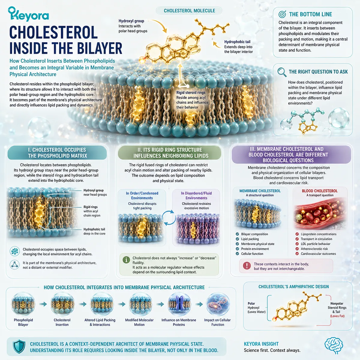 Membrane cholesterol inserts between phospholipids, where its rigid steroid rings regulate acyl-chain packing and bilayer organization in Keyora The Membrane Physical-State Matrix. Membrane cholesterol inserts between phospholipids, where its rigid steroid rings regulate acyl-chain packing and bilayer organization in Keyora The Membrane Physical-State Matrix.