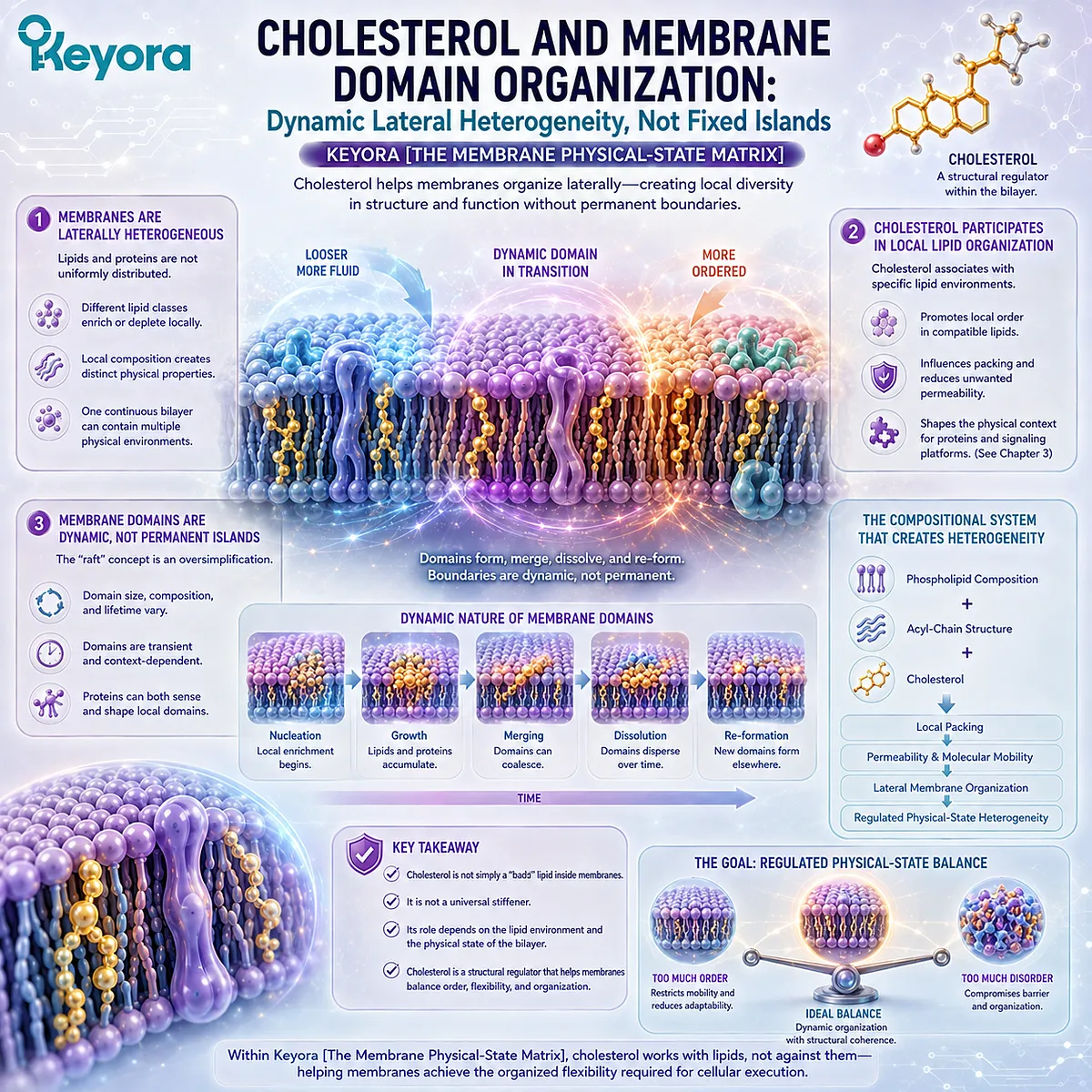 Cholesterol supports dynamic membrane domains by shaping local lipid packing, molecular mobility, and lateral organization in Keyora The Membrane Physical-State Matrix. Cholesterol supports dynamic membrane domains by shaping local lipid packing, molecular mobility, and lateral organization in Keyora The Membrane Physical-State Matrix.