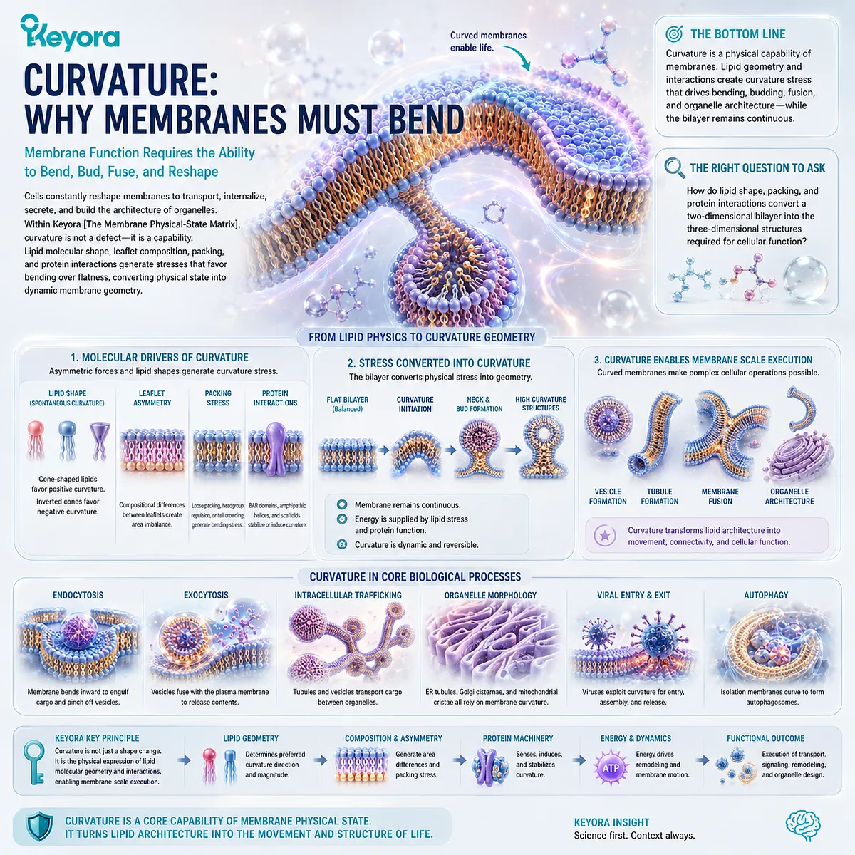 Membrane curvature converts lipid geometry and leaflet packing into bending, budding, fusion, and tubule formation within Keyora The Membrane Physical-State Matrix. Membrane curvature converts lipid geometry and leaflet packing into bending, budding, fusion, and tubule formation within Keyora The Membrane Physical-State Matrix.