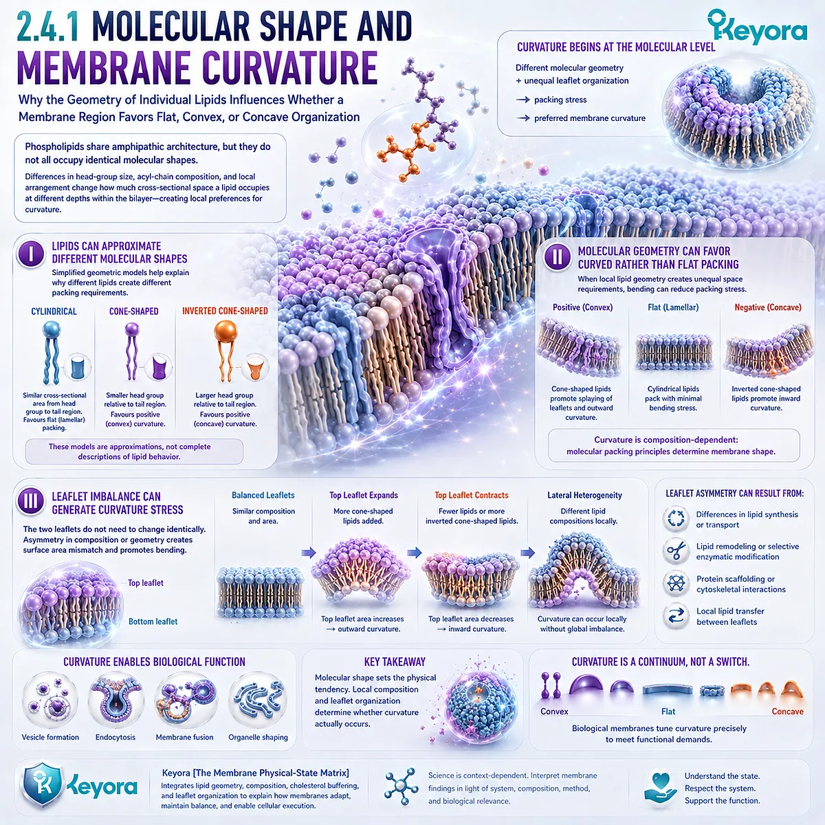 Lipid molecular shape and leaflet asymmetry create packing stress that favors flat, convex, or concave membrane curvature in Keyora The Membrane Physical-State Matrix. Lipid molecular shape and leaflet asymmetry create packing stress that favors flat, convex, or concave membrane curvature in Keyora The Membrane Physical-State Matrix.