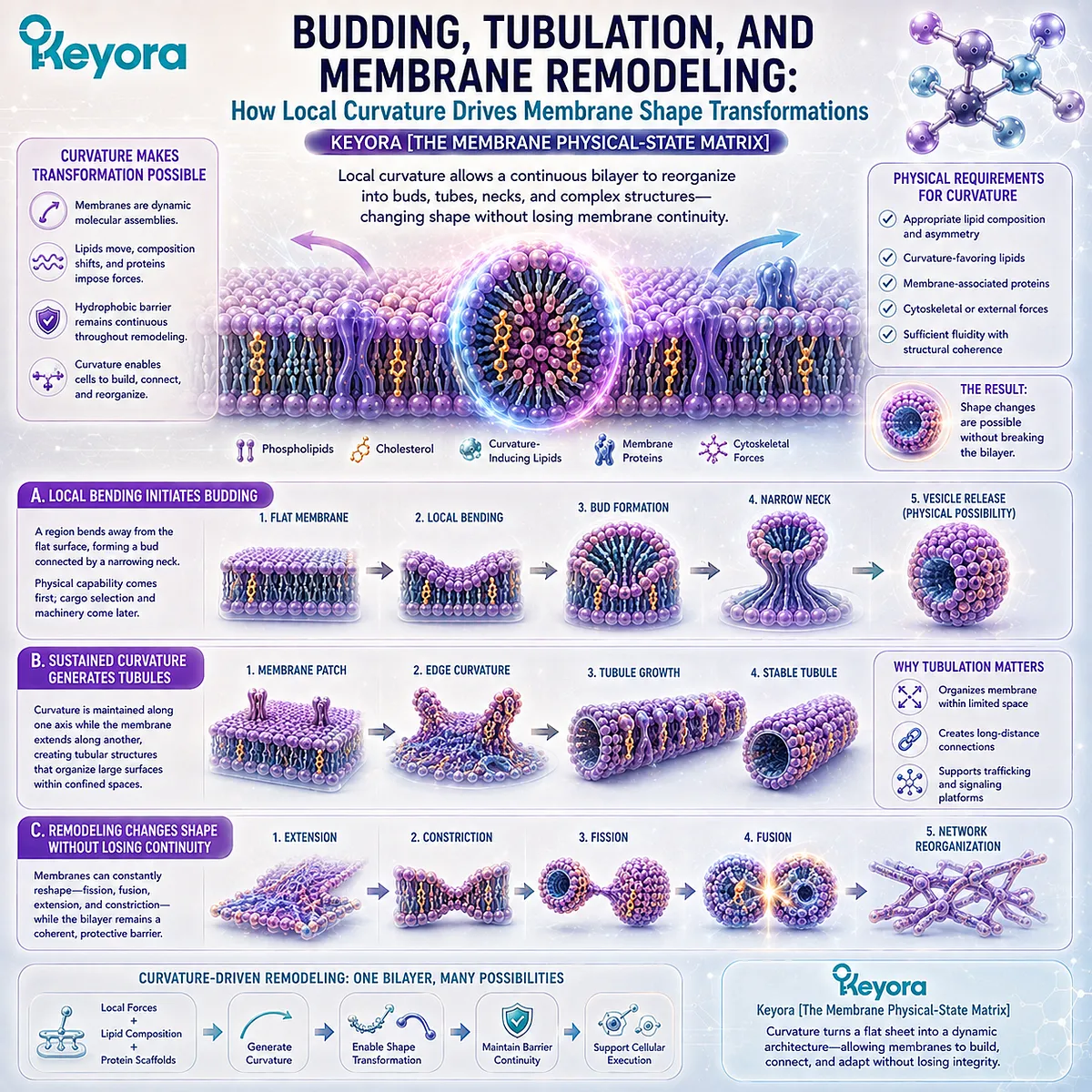 Membrane curvature enables budding, tubulation, and remodeling while preserving bilayer continuity and barrier integrity in Keyora The Membrane Physical-State Matrix. Membrane curvature enables budding, tubulation, and remodeling while preserving bilayer continuity and barrier integrity in Keyora The Membrane Physical-State Matrix.