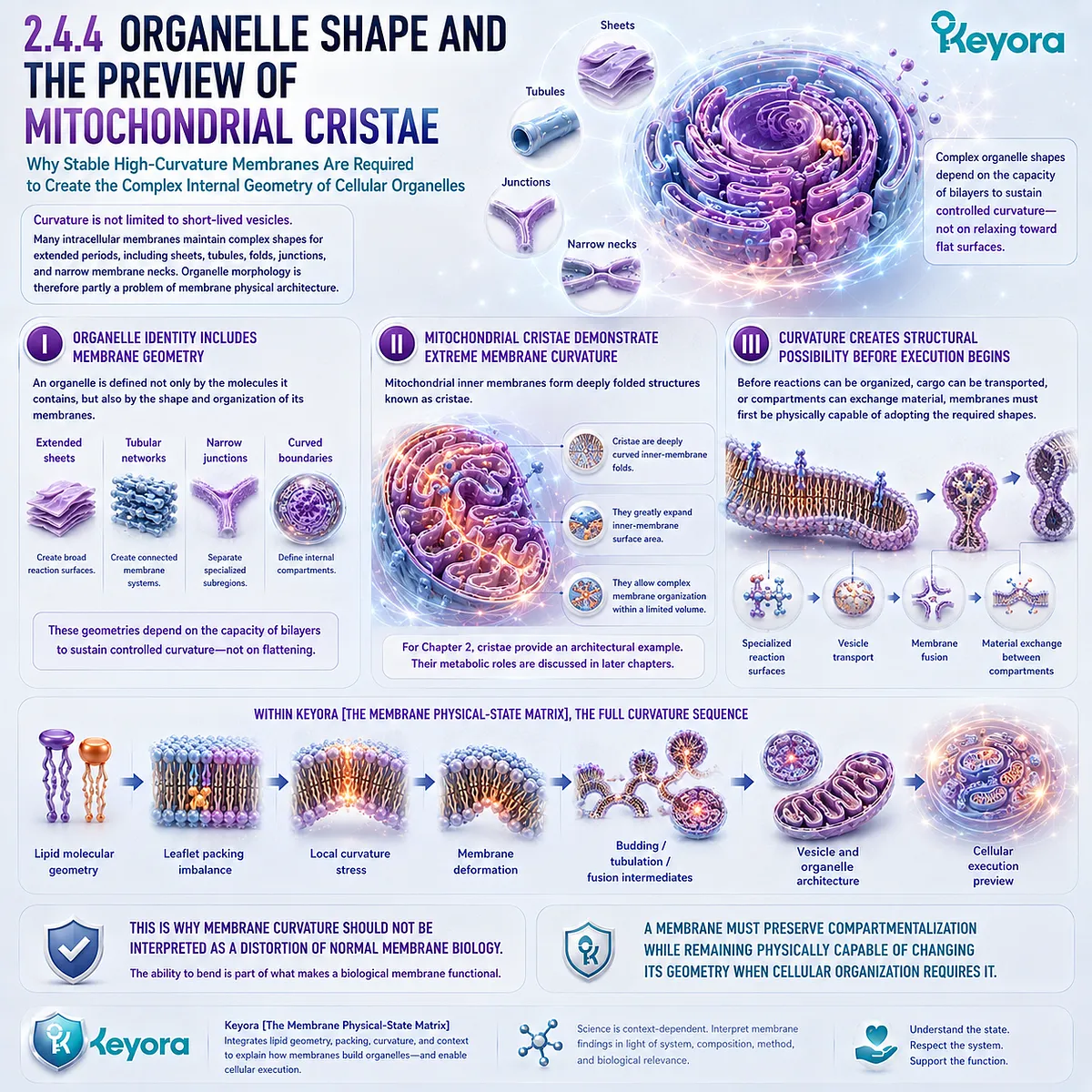 Membrane curvature supports organelle shape and mitochondrial cristae by converting lipid geometry and leaflet packing into stable high-curvature architecture in Keyora The Membrane Physical-State Matrix. Membrane curvature supports organelle shape and mitochondrial cristae by converting lipid geometry and leaflet packing into stable high-curvature architecture in Keyora The Membrane Physical-State Matrix.