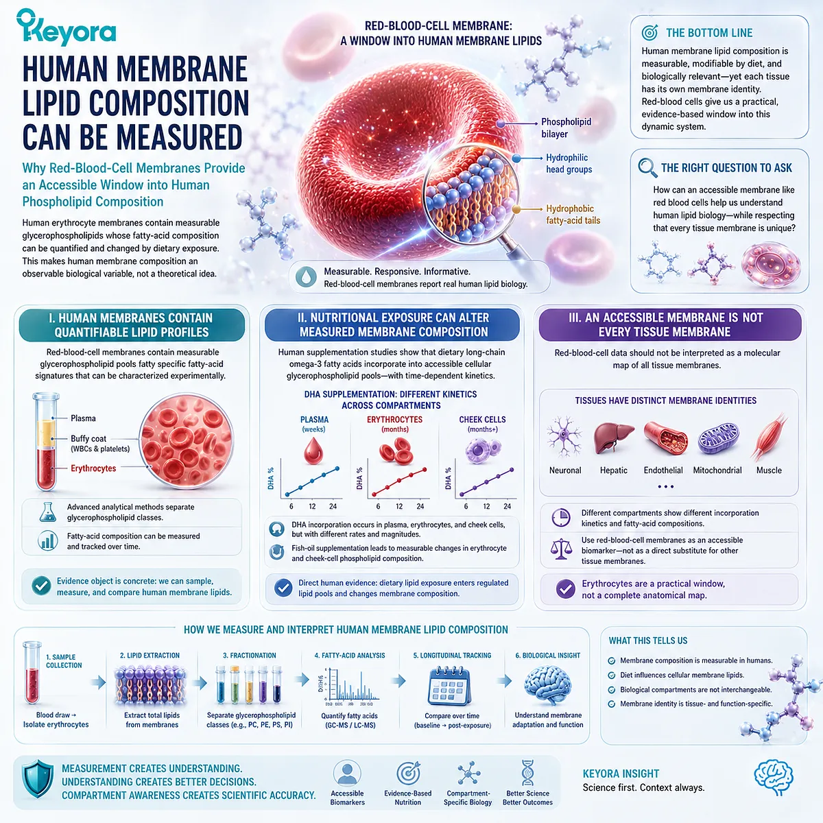 Red blood cell phospholipids provide a measurable human membrane biomarker for omega-3 and DHA incorporation, supporting Keyora The Membrane Physical-State Matrix without representing every tissue. Red blood cell phospholipids provide a measurable human membrane biomarker for omega-3 and DHA incorporation, supporting Keyora The Membrane Physical-State Matrix without representing every tissue.
