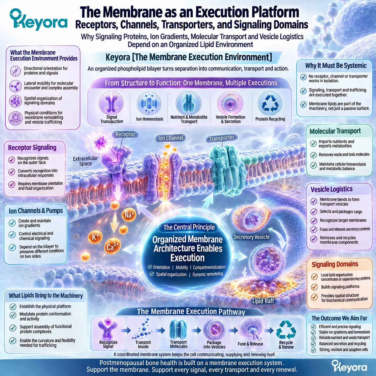 Cell membrane signaling links phospholipid bilayer organization with receptor orientation, ion channels, transporters, and vesicle trafficking in Keyora’s Membrane Execution Environment. Cell membrane signaling links phospholipid bilayer organization with receptor orientation, ion channels, transporters, and vesicle trafficking in Keyora’s Membrane Execution Environment.