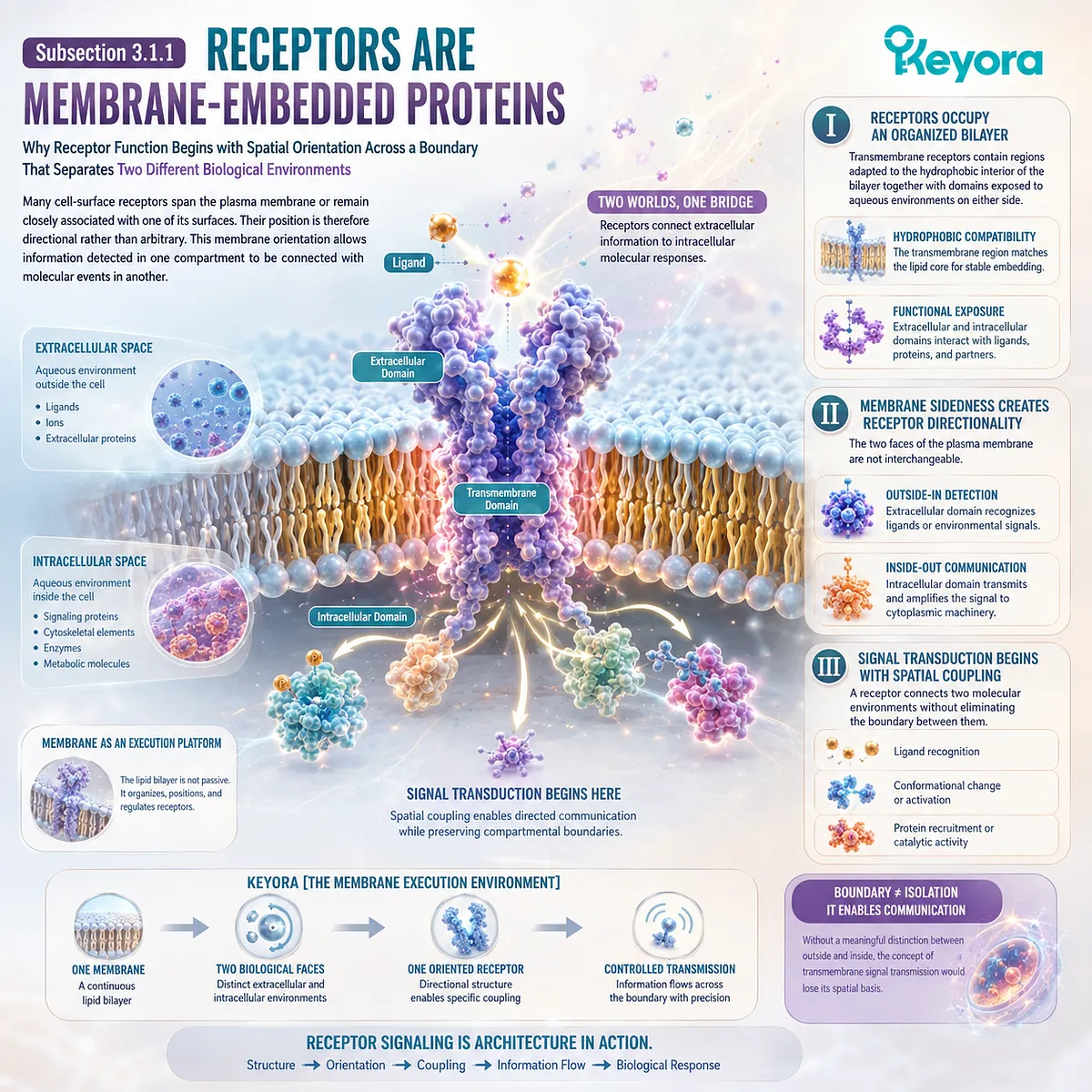 Cell membrane receptor signaling uses bilayer sidedness to orient extracellular ligand recognition and intracellular signal transduction within Keyora’s Membrane Execution Environment. Cell membrane receptor signaling uses bilayer sidedness to orient extracellular ligand recognition and intracellular signal transduction within Keyora’s Membrane Execution Environment.