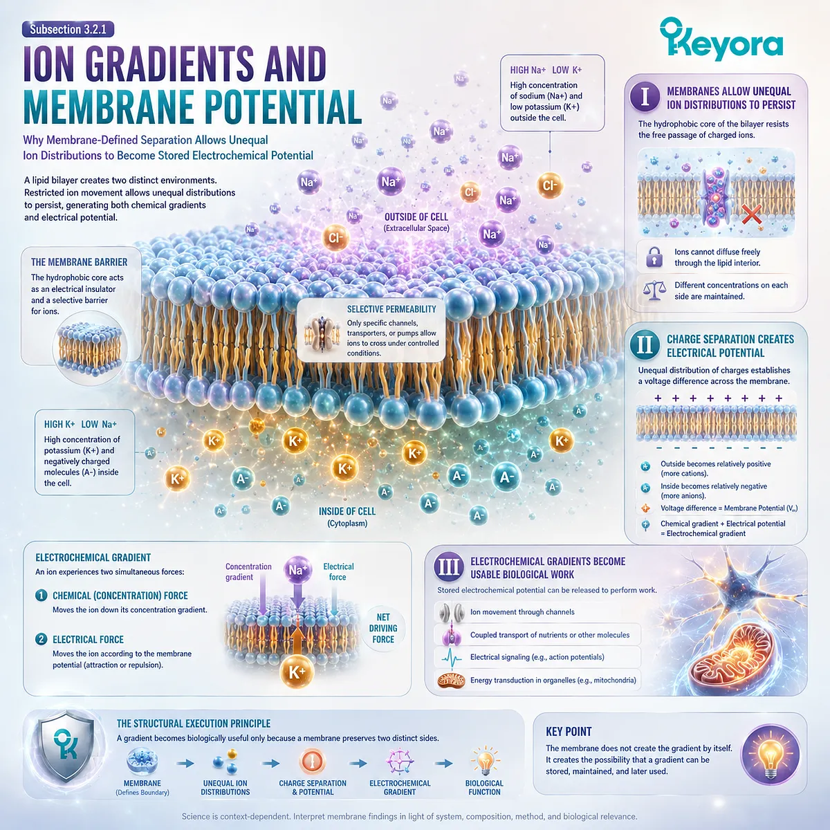 Membrane potential arises as the phospholipid bilayer preserves ion gradients and charge separation, storing electrochemical potential within Keyora’s Membrane Execution Environment. Membrane potential arises as the phospholipid bilayer preserves ion gradients and charge separation, storing electrochemical potential within Keyora’s Membrane Execution Environment.
