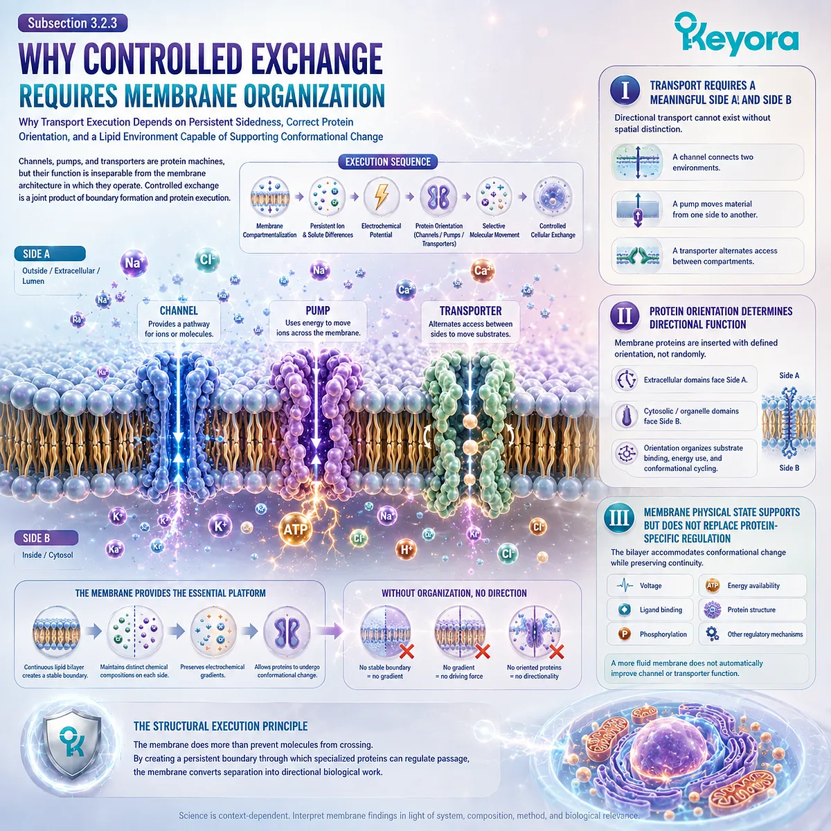 Controlled membrane transport links bilayer sidedness, protein orientation, and conformational cycling to selective ion and solute exchange in Keyora’s Membrane Execution Environment. Controlled membrane transport links bilayer sidedness, protein orientation, and conformational cycling to selective ion and solute exchange in Keyora’s Membrane Execution Environment.