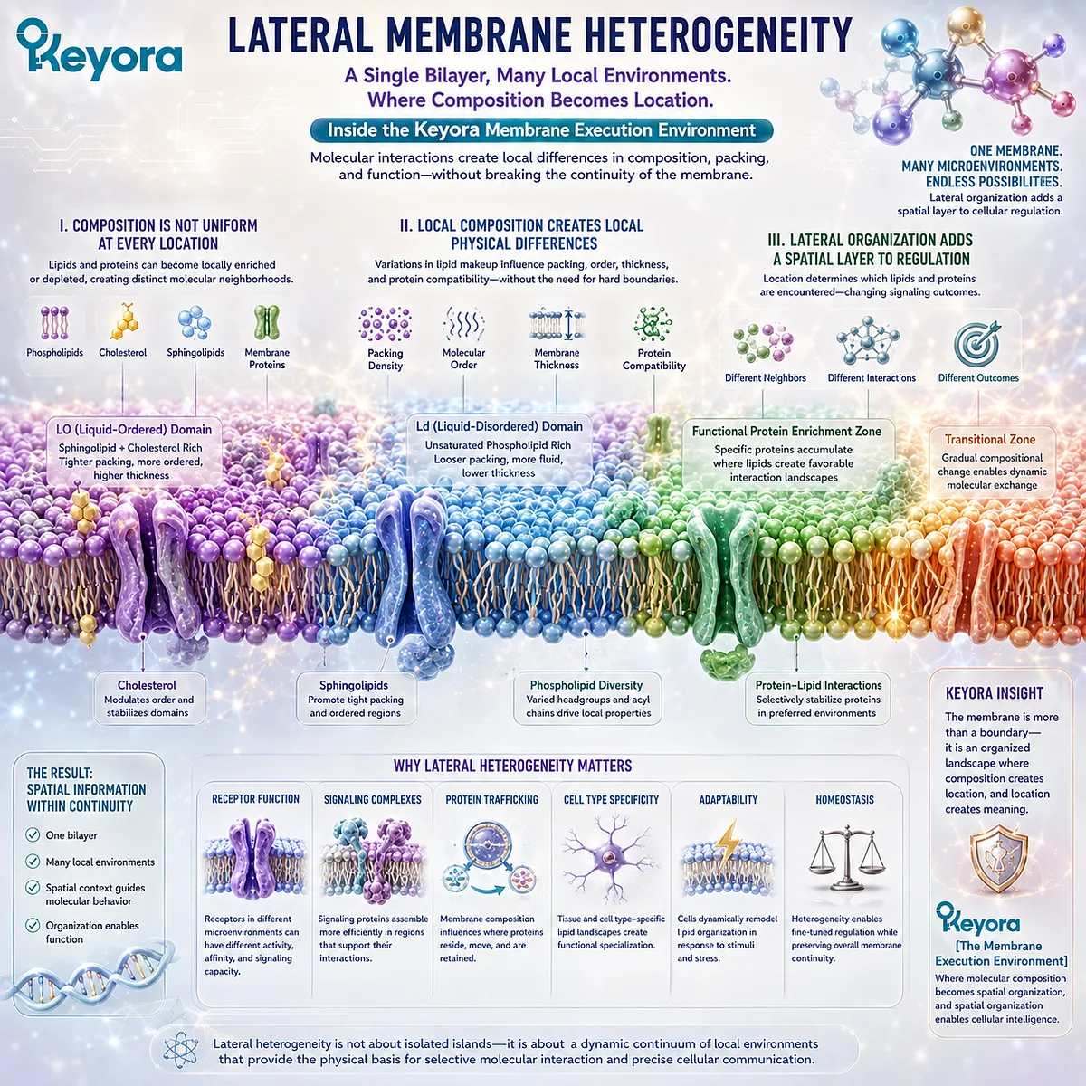 Lateral membrane heterogeneity creates local differences in lipid composition, packing, and protein interactions, adding spatial regulation in Keyora’s Membrane Execution Environment. Lateral membrane heterogeneity creates local differences in lipid composition, packing, and protein interactions, adding spatial regulation in Keyora’s Membrane Execution Environment.