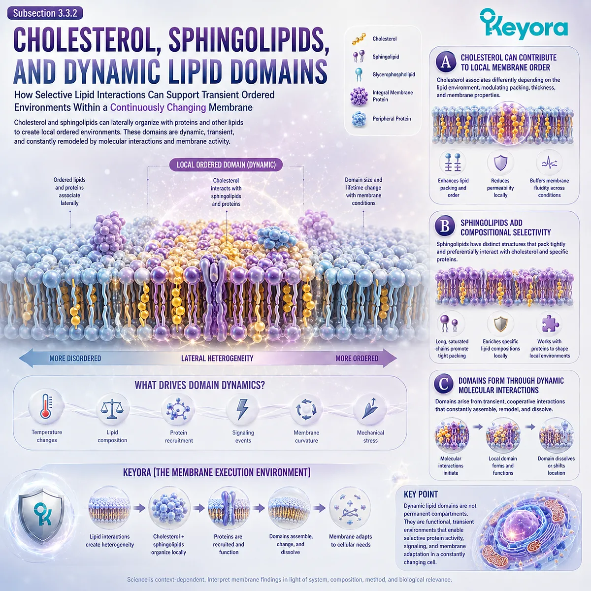 Cholesterol and sphingolipids support dynamic lipid domains through local membrane order and selective molecular interactions within Keyora’s Membrane Execution Environment. Cholesterol and sphingolipids support dynamic lipid domains through local membrane order and selective molecular interactions within Keyora’s Membrane Execution Environment.