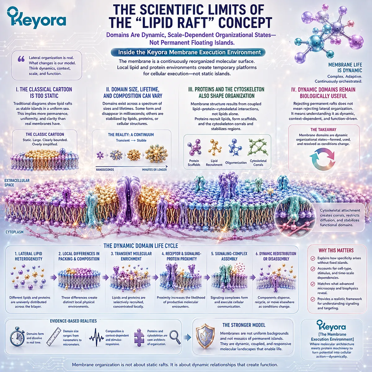 Lipid rafts are dynamic membrane domains shaped by cholesterol, proteins, and cytoskeleton rather than fixed islands, reframed by Keyora’s Membrane Execution Environment. Lipid rafts are dynamic membrane domains shaped by cholesterol, proteins, and cytoskeleton rather than fixed islands, reframed by Keyora’s Membrane Execution Environment.