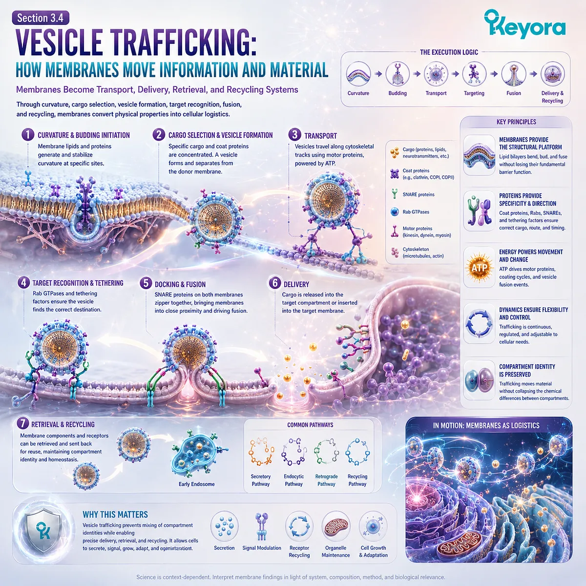 Vesicle trafficking uses membrane curvature, cargo selection, budding, targeting, fusion, and recycling to coordinate cellular transport in Keyora’s Membrane Execution Environment. Vesicle trafficking uses membrane curvature, cargo selection, budding, targeting, fusion, and recycling to coordinate cellular transport in Keyora’s Membrane Execution Environment.