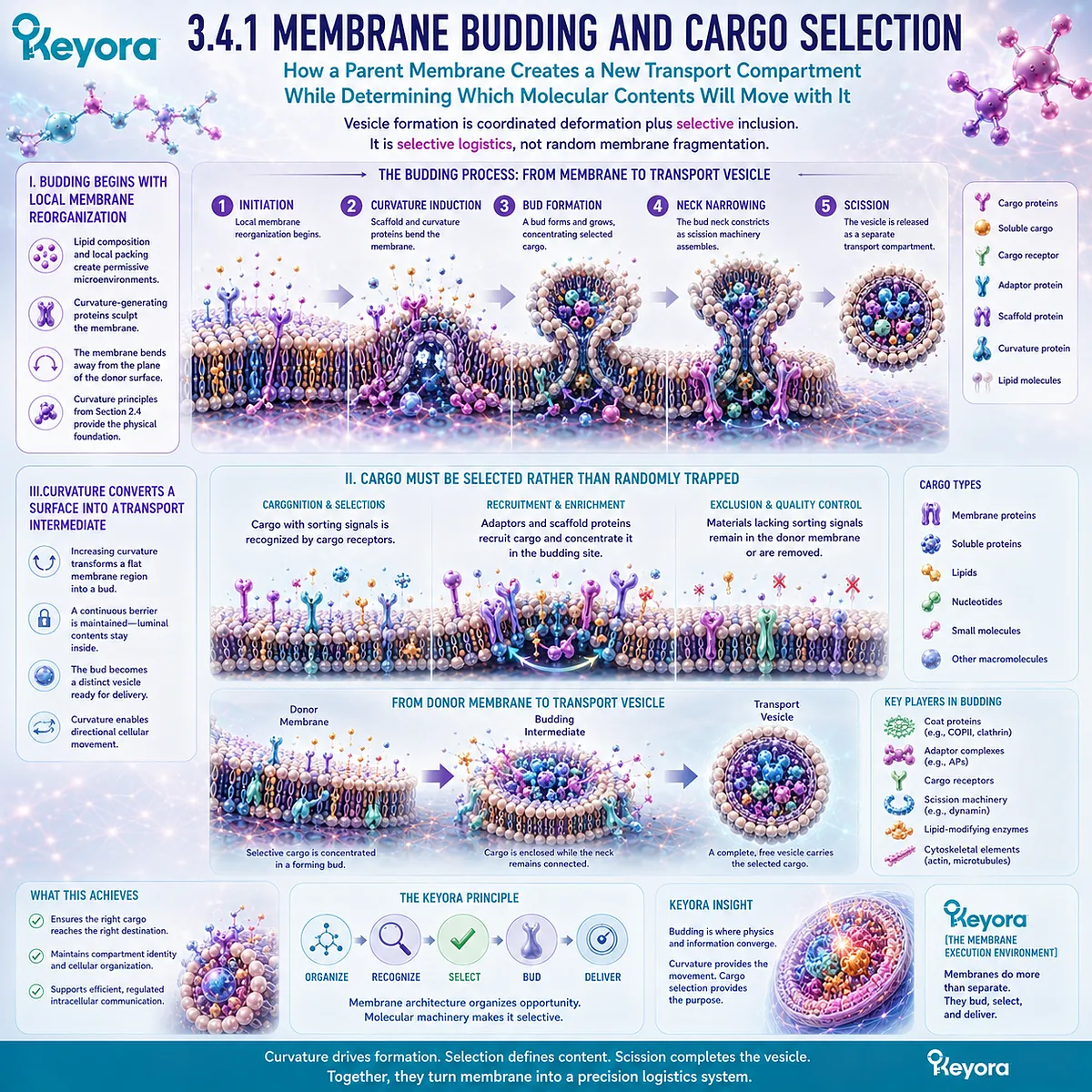 Membrane budding combines curvature and selective cargo sorting to form transport vesicles while preserving compartment boundaries in Keyora’s Membrane Execution Environment. Membrane budding combines curvature and selective cargo sorting to form transport vesicles while preserving compartment boundaries in Keyora’s Membrane Execution Environment.