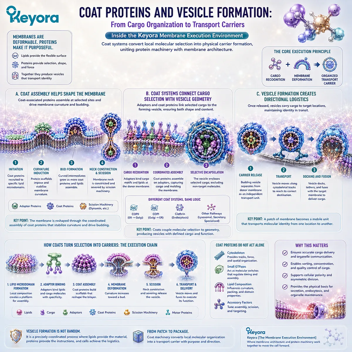 Coat proteins couple cargo selection with membrane curvature and vesicle formation, creating organized transport carriers in Keyora’s Membrane Execution Environment. Coat proteins couple cargo selection with membrane curvature and vesicle formation, creating organized transport carriers in Keyora’s Membrane Execution Environment.