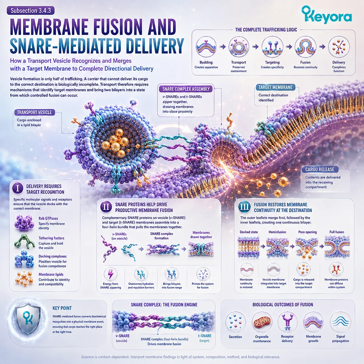 SNARE-mediated membrane fusion couples vesicle targeting with bilayer merger and selective cargo delivery, completing trafficking in Keyora’s Membrane Execution Environment. SNARE-mediated membrane fusion couples vesicle targeting with bilayer merger and selective cargo delivery, completing trafficking in Keyora’s Membrane Execution Environment.