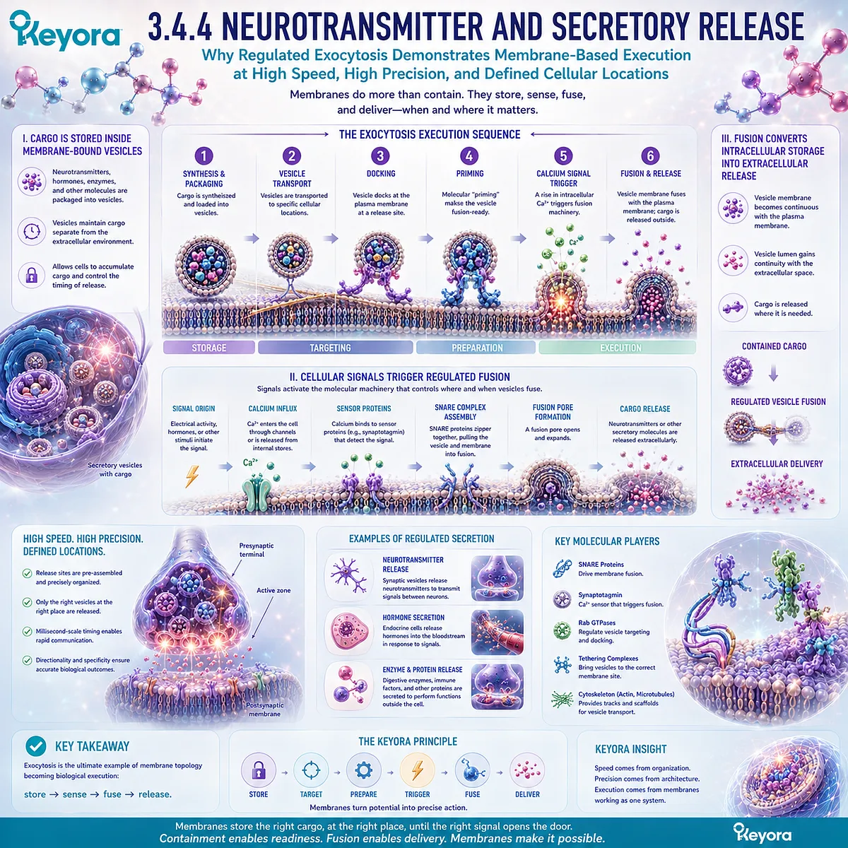 Regulated exocytosis uses secretory vesicle storage, signal-triggered membrane fusion, and cargo release to control cellular delivery in Keyora’s Membrane Execution Environment. Regulated exocytosis uses secretory vesicle storage, signal-triggered membrane fusion, and cargo release to control cellular delivery in Keyora’s Membrane Execution Environment.