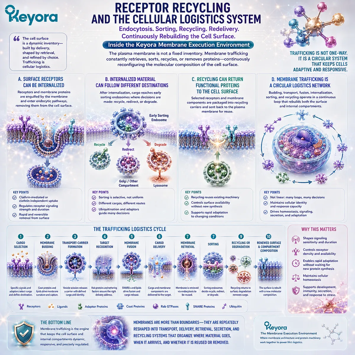 Receptor recycling uses endocytosis, intracellular sorting, membrane trafficking, and redelivery to regulate cell-surface proteins in Keyora’s Membrane Execution Environment. Receptor recycling uses endocytosis, intracellular sorting, membrane trafficking, and redelivery to regulate cell-surface proteins in Keyora’s Membrane Execution Environment.