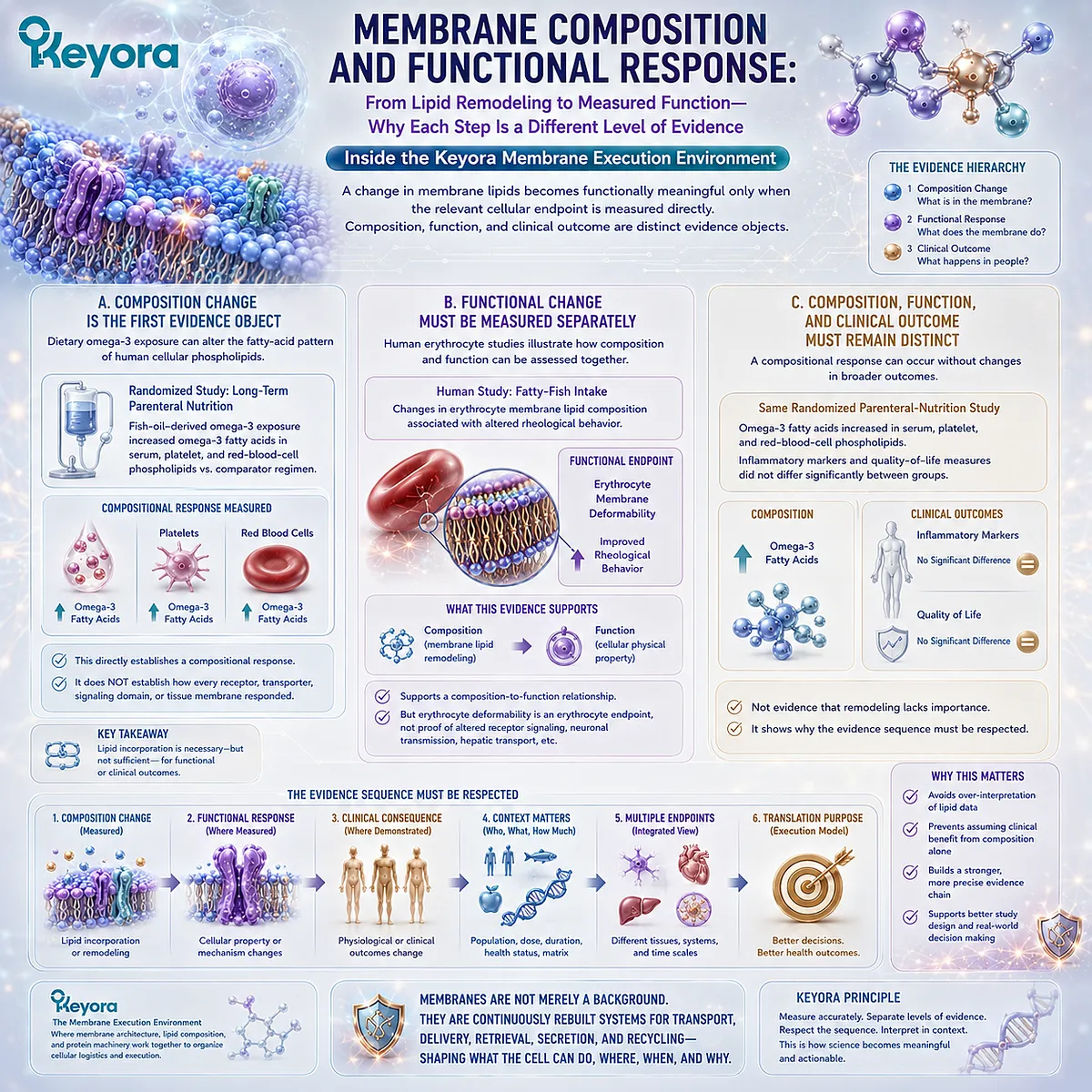 Omega-3 membrane remodeling links phospholipid composition with directly measured cellular function, while Keyora’s Membrane Execution Environment separates clinical outcomes. Omega-3 membrane remodeling links phospholipid composition with directly measured cellular function, while Keyora’s Membrane Execution Environment separates clinical outcomes.