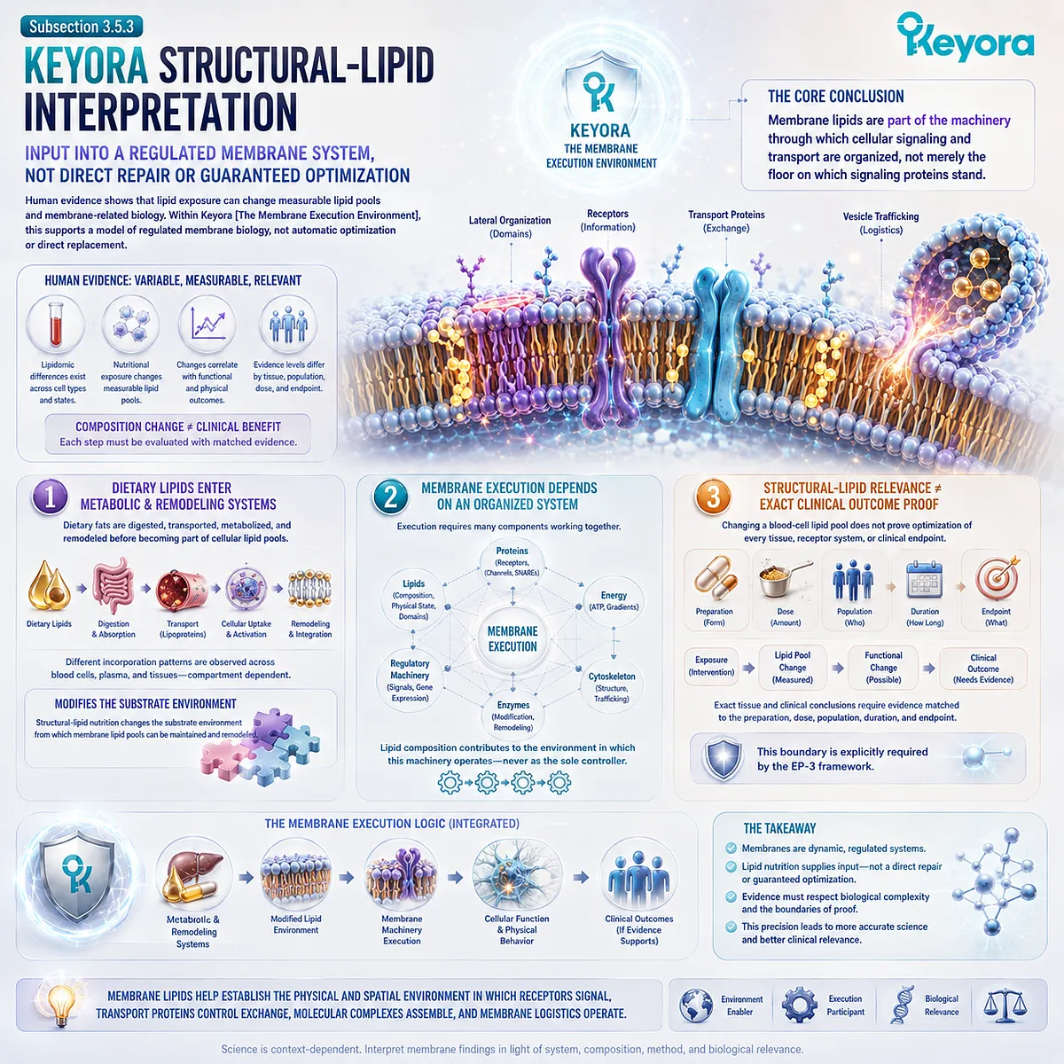 Structural-lipid nutrition supplies fatty acids to regulated membrane remodeling that supports signaling and transport, framed by Keyora’s Membrane Execution Environment. Structural-lipid nutrition supplies fatty acids to regulated membrane remodeling that supports signaling and transport, framed by Keyora’s Membrane Execution Environment.