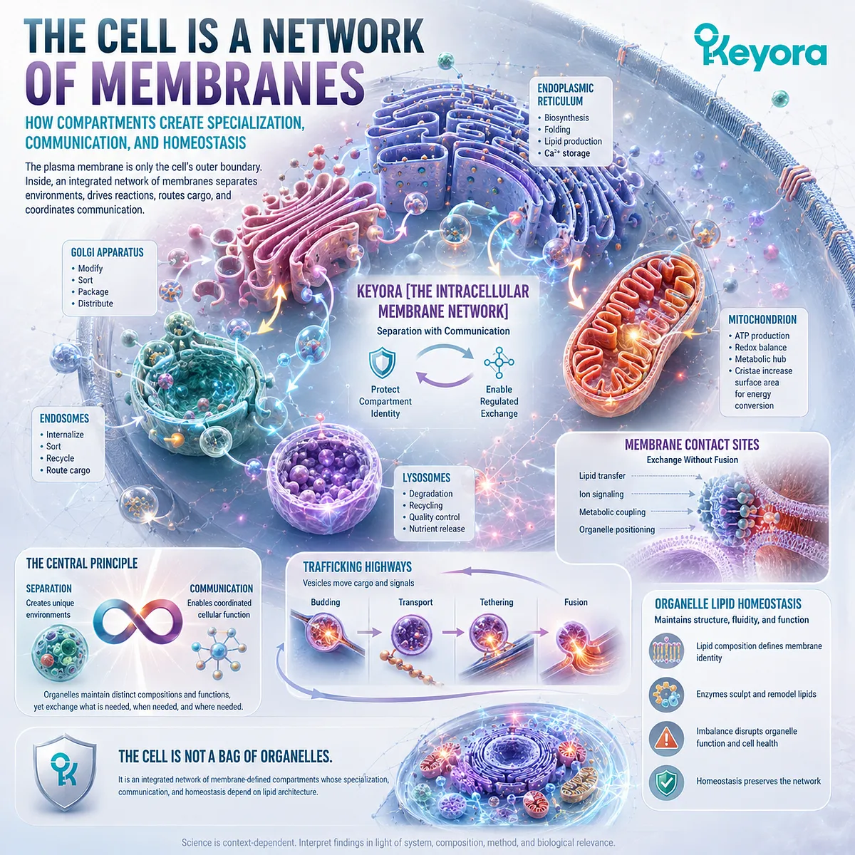 Cell membrane organization links organelle compartmentalization, membrane contact sites, lipid transport, and mitochondrial cristae through Keyora The Intracellular Membrane Network. Cell membrane organization links organelle compartmentalization, membrane contact sites, lipid transport, and mitochondrial cristae through Keyora The Intracellular Membrane Network.