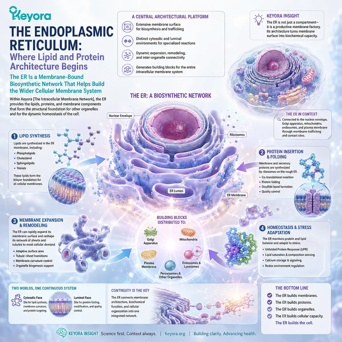Endoplasmic reticulum membrane architecture supports lipid synthesis, membrane protein insertion, and organelle homeostasis within Keyora The Intracellular Membrane Network. Endoplasmic reticulum membrane architecture supports lipid synthesis, membrane protein insertion, and organelle homeostasis within Keyora The Intracellular Membrane Network.