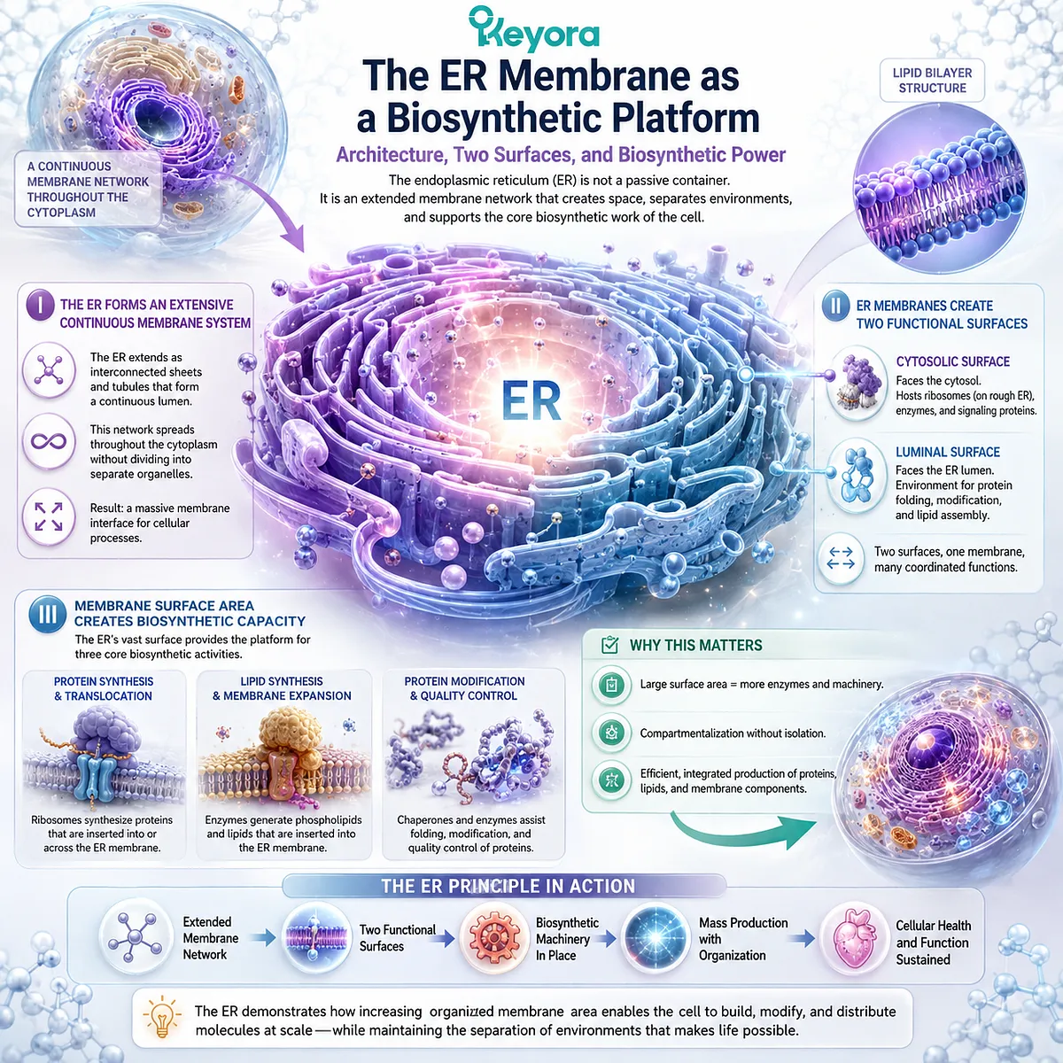 Endoplasmic reticulum membrane surface area supports lipid synthesis, protein translocation, and compartmentalized biosynthesis within Keyora The Intracellular Membrane Network. Endoplasmic reticulum membrane surface area supports lipid synthesis, protein translocation, and compartmentalized biosynthesis within Keyora The Intracellular Membrane Network.